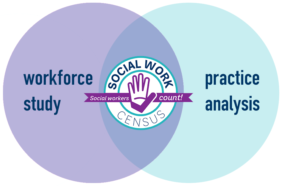 Venn diagram showing overlapping circles labeled "workforce study" and "practice analysis". The overlapping area features the Social Work Census.
